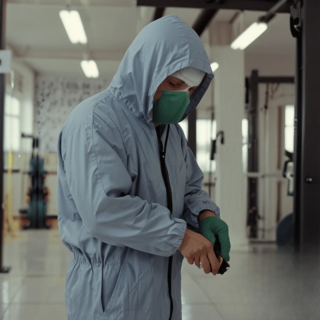 Pest control technician doing His work inside Gym, and he wearing mask