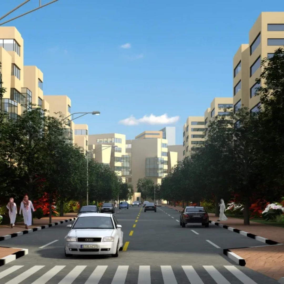 picture showing luxury aprtments and local arab people also car and road in Nad Al Hamar location 