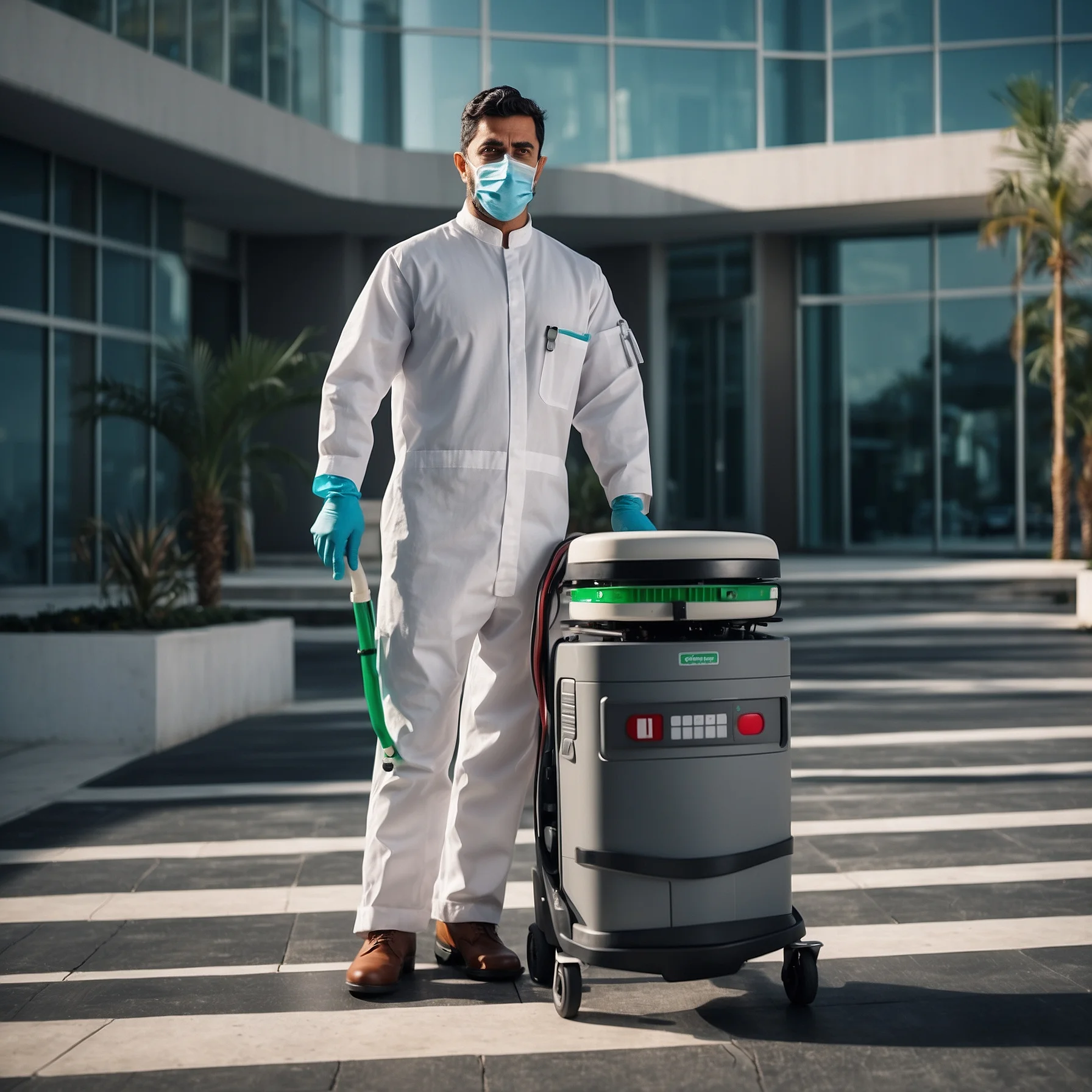 Pest control technician doing his work out side hospital area