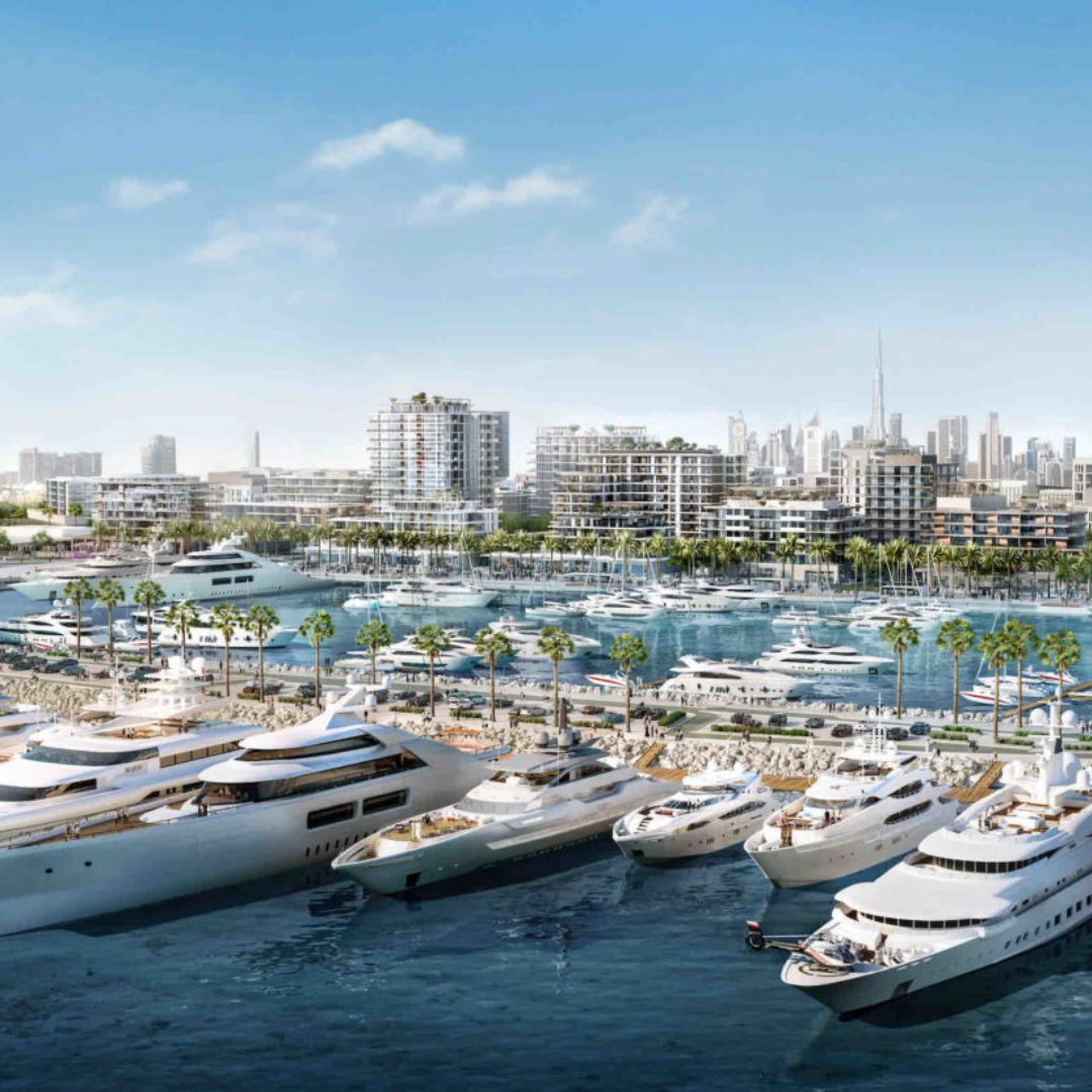 picture showing Beach area and boats also building around port rashid area Dubai 
