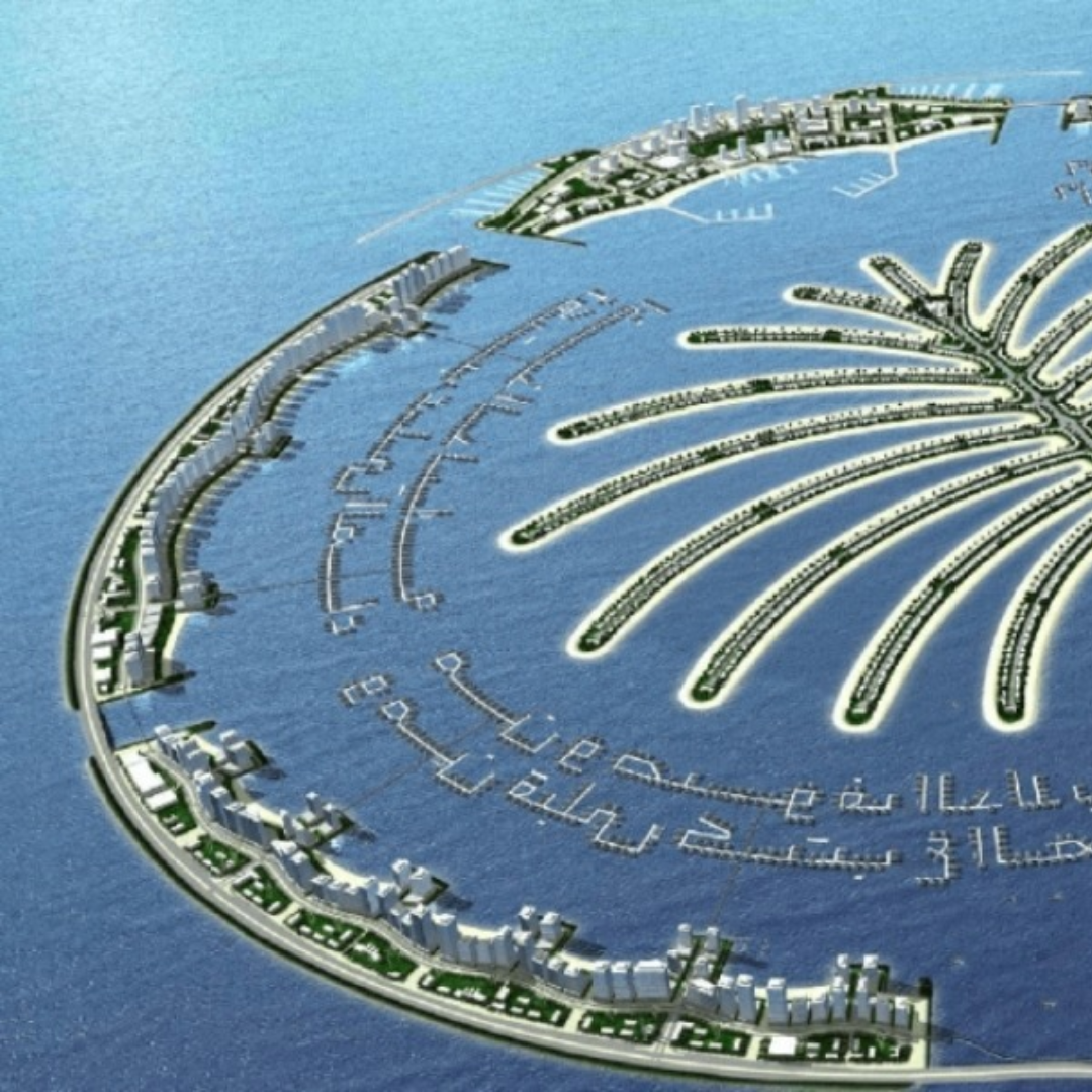 picture showing city and the view of the worlds island  from the above.